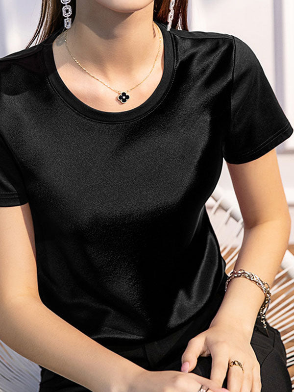 Solid Color Short Sleeves Round-neck T-Shirts Tops