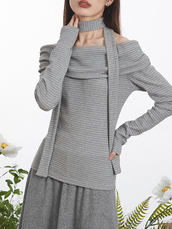 Pleated Split-Joint Striped Long Sleeves Skinny Off-the-shoulder Blouses&shirts Tops