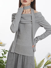 Pleated Split-Joint Striped Long Sleeves Skinny Off-the-shoulder Blouses&shirts Tops