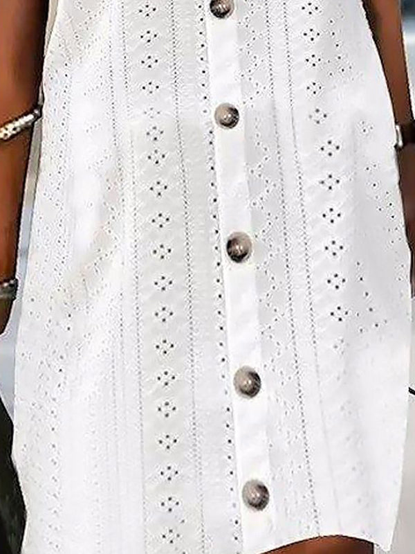 Buttoned Hollow Tied Loose Sleeveless Round-Neck Mini Dresses
