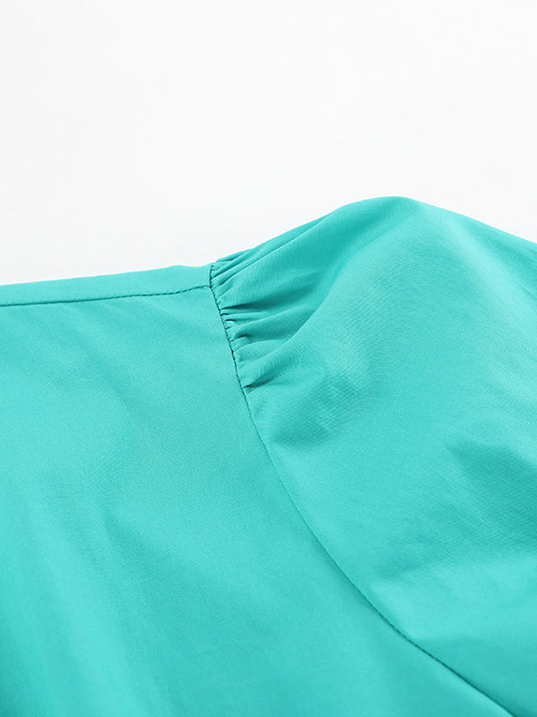 Drawstring Pleated Solid Color Split-Joint Tied Waist Loose Short Sleeves V-Neck Shirt Dress Midi Dresses