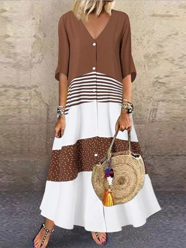 Original Creation Half Sleeves Loose Buttoned Contrast Color Striped V-Neck Maxi Dresses