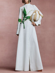 Buttoned Flower Print A-Line Long Sleeves Round-Neck Maxi Dresses