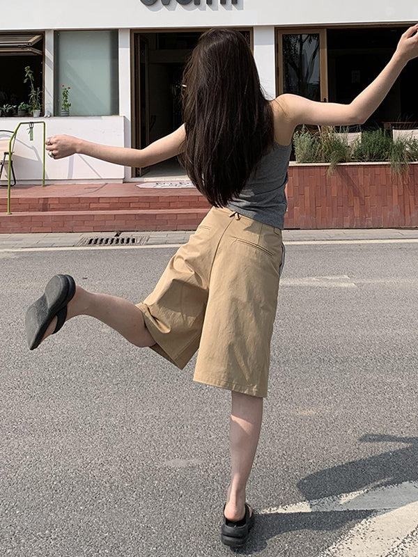 Pleated Solid Color High Waisted Loose Shorts Bottoms Half Pants