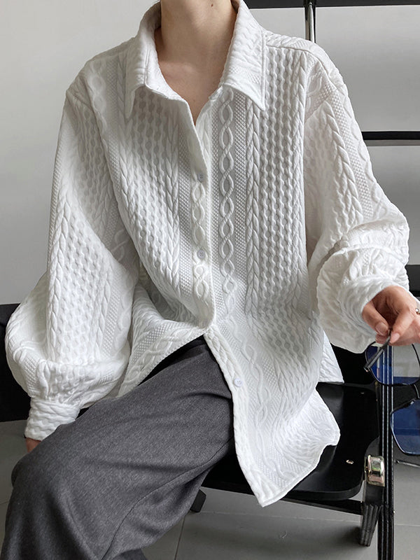 Simple Loose Long Sleeves Buttoned Solid Color Textured Lapel Collar Blouses&Shirts Tops