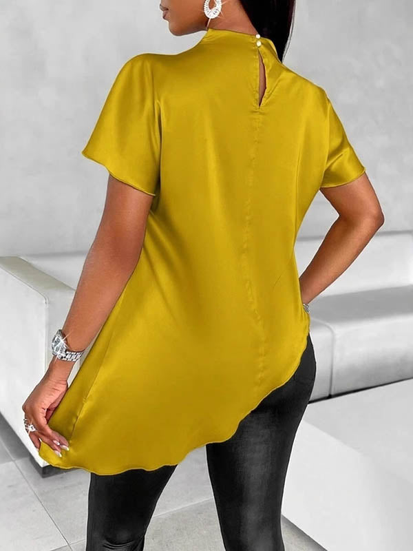 Asymmetric Solid Color Loose Short Sleeves Mock Neck Blouses&Shirts Tops