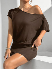 Asymmetric Solid Color Split-Joint Raglan Sleeve Skinny One-Shoulder Mini Dresses