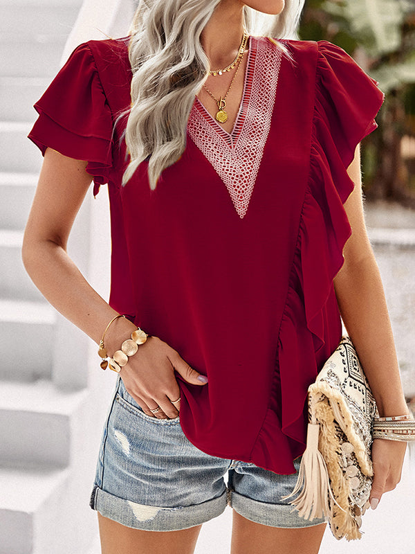 Applique Split-Joint Loose Short Sleeves V-Neck T-Shirts Tops