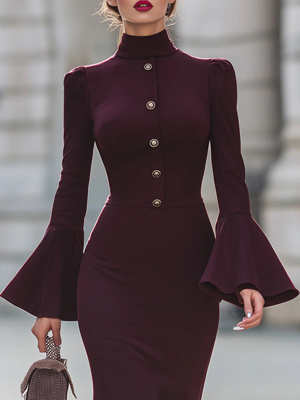 Bodycon Flared Sleeves Buttoned Solid Color High Neck Midi Dresses
