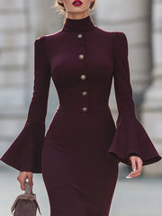 Bodycon Flared Sleeves Buttoned Solid Color High Neck Midi Dresses