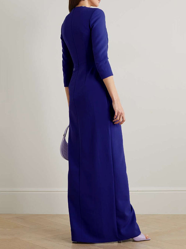 Asymmetric Pleated Solid Color Split-side Zipper Long Sleeves Skinny Maxi Dresses Evening Dresses