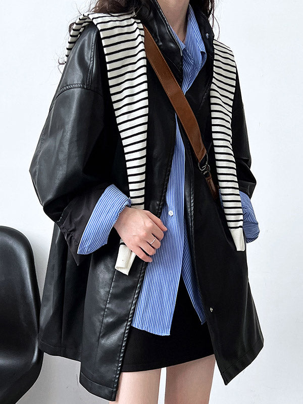 Buttoned Pockets Solid Color Long Sleeves Loose Stand Collar Outerwear