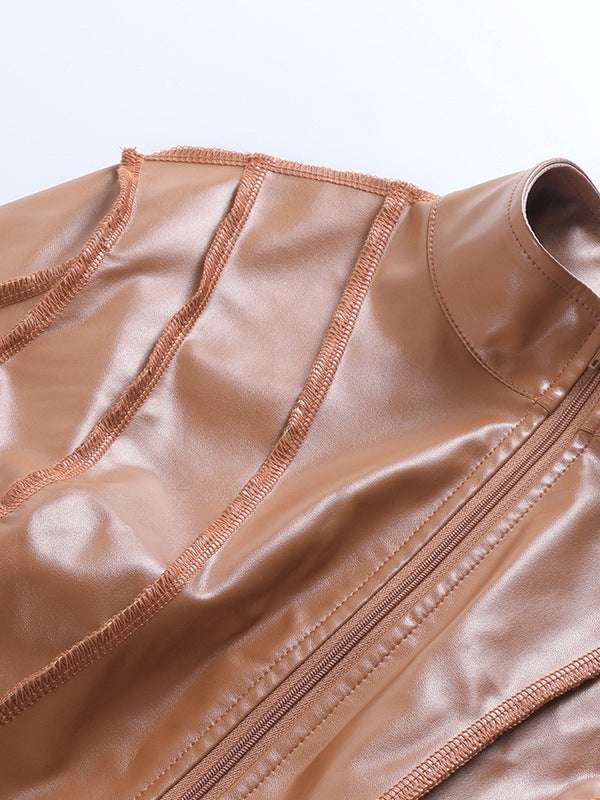 Solid Color Zipper Long Sleeves Stand Collar Outerwear