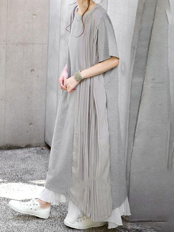 Pleated Solid Color Split-Joint Loose Short Sleeves Round-Neck Midi Dresses