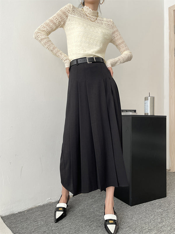 Pleated Solid Color Split-Joint A-Line High Waisted Skirts