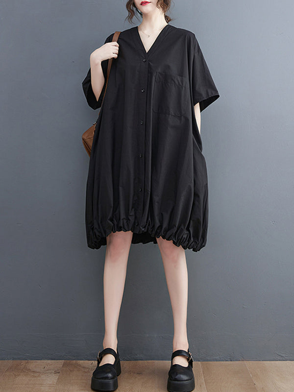 Elasticity Solid Color Half Sleeves Loose V-Neck Mini Dresses