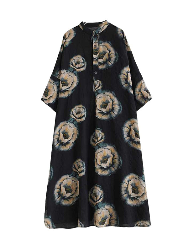 Buttoned Flower Print Loose Three-quarter Sleeves Stand Collar Midi Dresses
