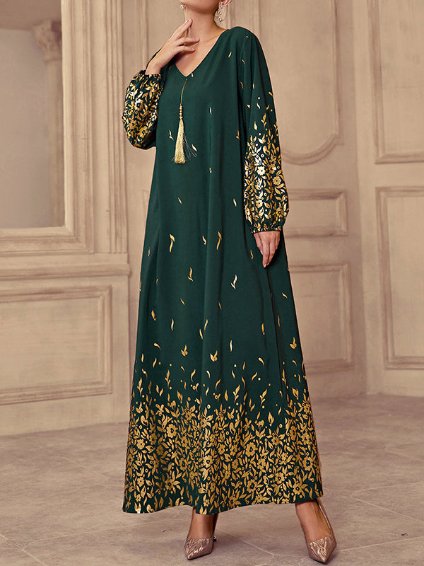 Bronzing Tasseled Tied Waist Bishop Sleeve Long Sleeves V-Neck Maxi Dresses