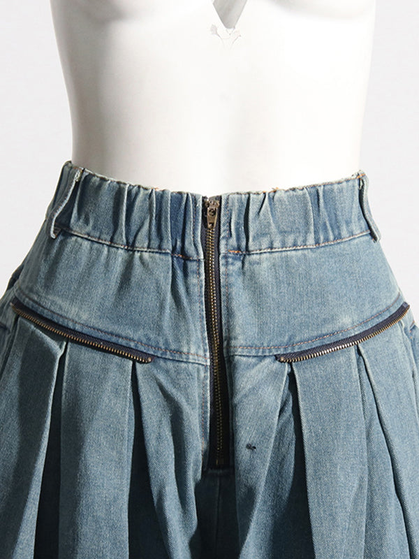 Pleated Pockets Split-Joint Zipper Loose Wide Leg Jean Pants Bottoms
