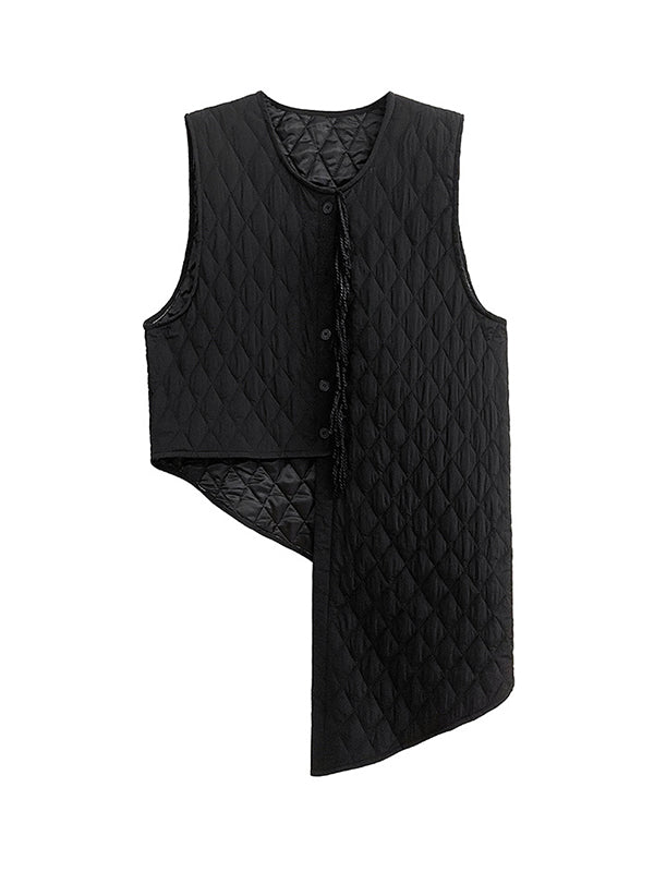 Asymmetric Buttoned Quilted Solid Color Tasseled Loose Sleeveless U-neck Padded Vest