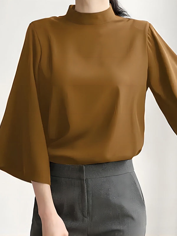 Solid Color Flared Sleeves Loose Stand Collar T-Shirts Tops