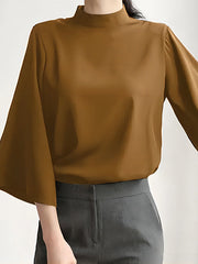 Solid Color Flared Sleeves Loose Stand Collar T-Shirts Tops