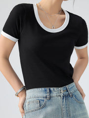 Contrast Color Short Sleeves Skinny Round-Neck T-Shirts