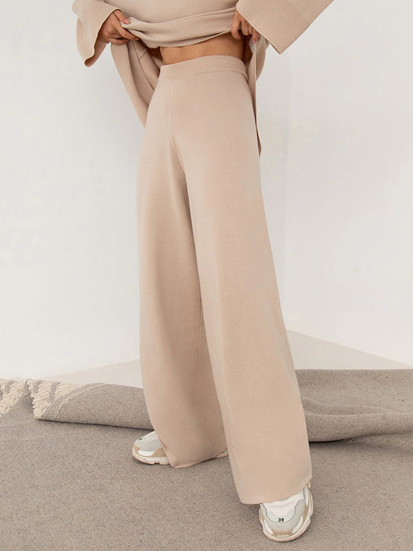 Casual Solid Color Irregularity High-Neck Sweater& Wide Leg Pants Suits