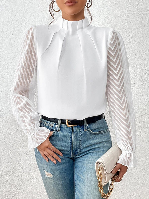 Elasticity Mesh Pleated Solid Color Long Sleeves Loose Mock Neck Blouses&Shirts Tops