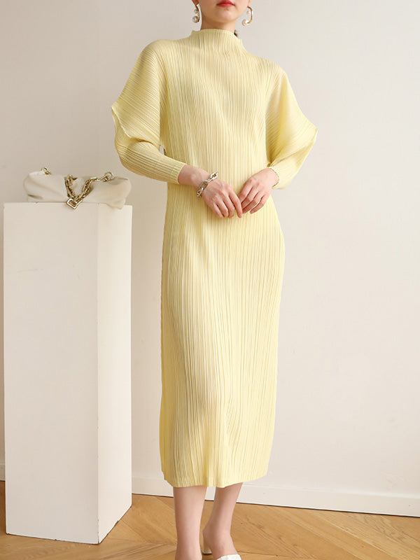Original Creation Loose Long Sleeves Pleated Solid Color High-Neck Midi Dresses