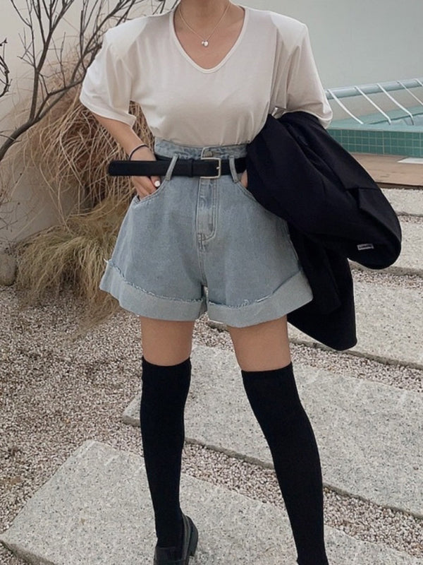 Belted Buttoned Pockets Split-Joint High Waisted Loose Denim Shorts