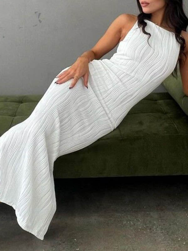 Pleated Solid Color Split-back Skinny Sleeveless Spaghetti-Neck Maxi Dresses
