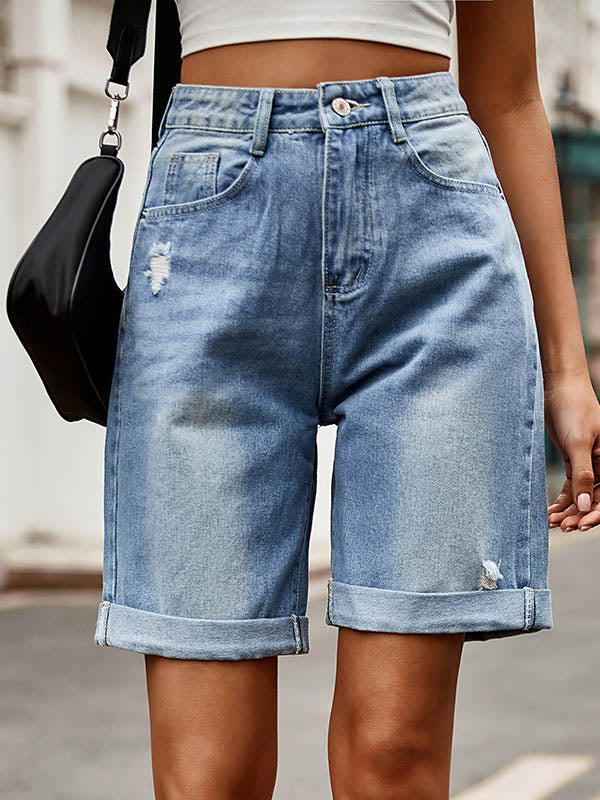 Buttoned Pockets High Waisted Loose Shorts Bottoms Jean Pants Bottoms
