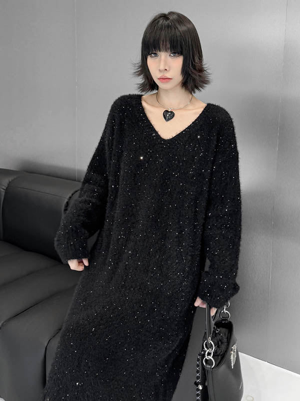 Contrast Color Sequined Shiny Split-Joint Tasseled Irregularity Long Sleeves V-Neck Sweater Dresses Midi Dresses