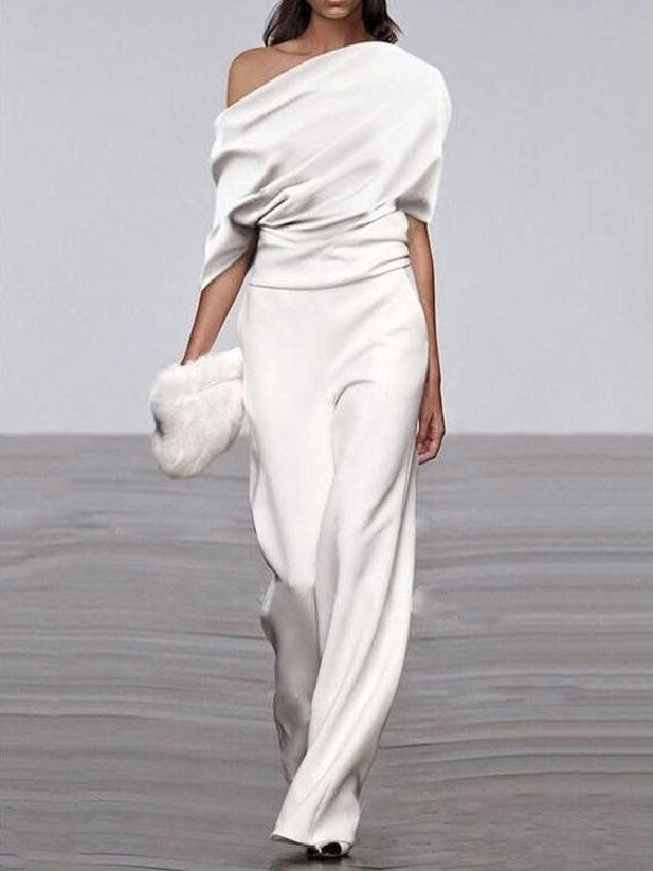 Solid Color Short Sleeves One-Shoulder Top + Wide Leg  Pants Two Pieces Set