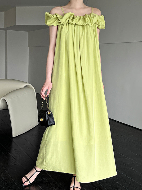 Elasticity Pleated Solid Color Split-Joint Loose Sleeveless Off-The-Shoulder Maxi Dresses