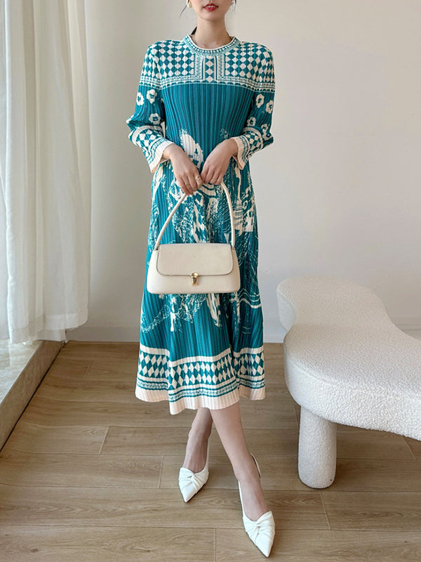 Pleated Printed A-Line Loose Round-Neck Midi Dresses