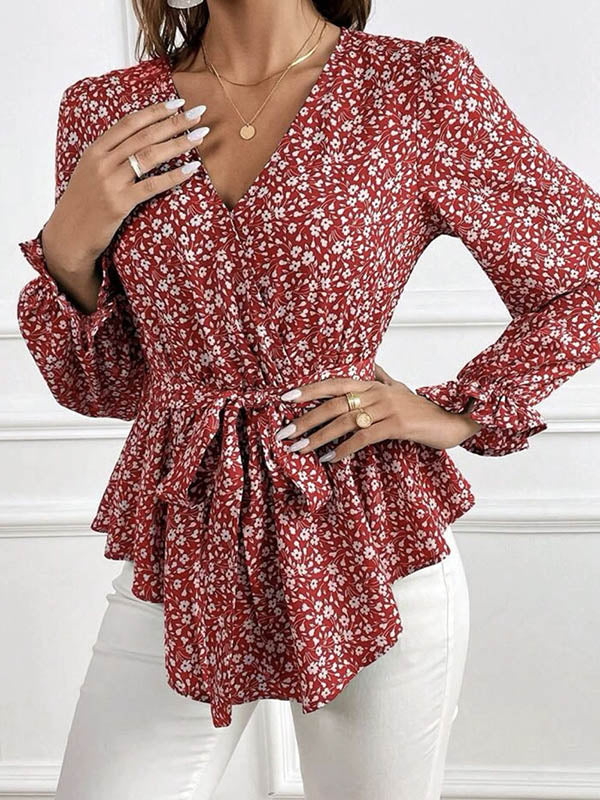 Flower Print Tied Waist Flared Sleeves Long Sleeves V-Neck Blouses&Shirts Tops