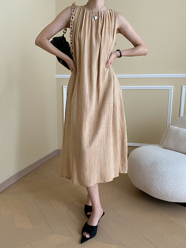 Pleated Solid Color A-Line Loose Round-Neck Midi Dresses