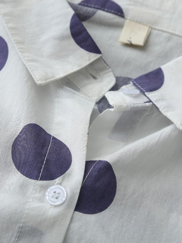 Polka-Dot High-Low Long Sleeves Lapel Shirts Tops