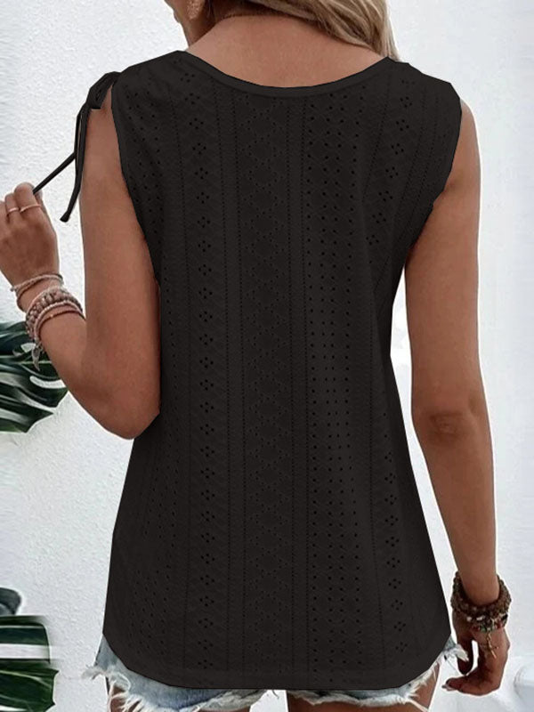 Buttoned Hollow Pleated Split-Joint Tied Loose Plus Size U-neck Vest Top
