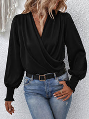 Elasticity Solid Color Long Sleeves Loose V-Neck Blouses&Shirts Tops