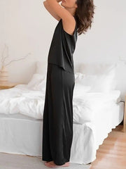 Round-Neck Loose Sleeveless Solid Color Split-Back Vest Top + Elasticity Pants Bottom Pajama Sets