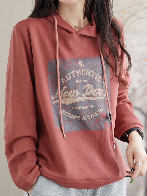 Drawstring Printed Long Sleeves Loose Hoodies Tops