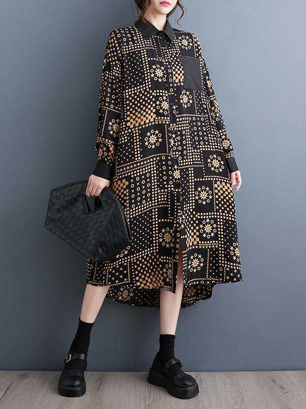 Asymmetric Buttoned Pockets Printed Split-Joint A-Line High-Low Lapel Midi Dresses