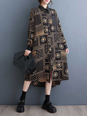 Asymmetric Buttoned Pockets Printed Split-Joint A-Line High-Low Lapel Midi Dresses