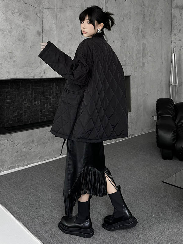 Plaid Quilted Solid Color Split-Joint Tied Long Sleeves Loose Collarless Padded Coat Outerwear