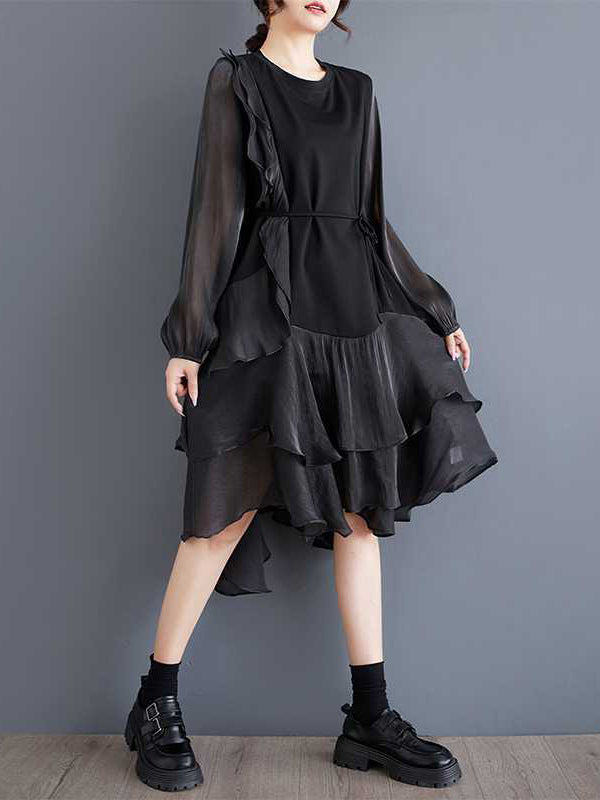 Contrast Color Ruffle Trim Split-Joint High-Low Long Sleeves Round-Neck Midi Dresses