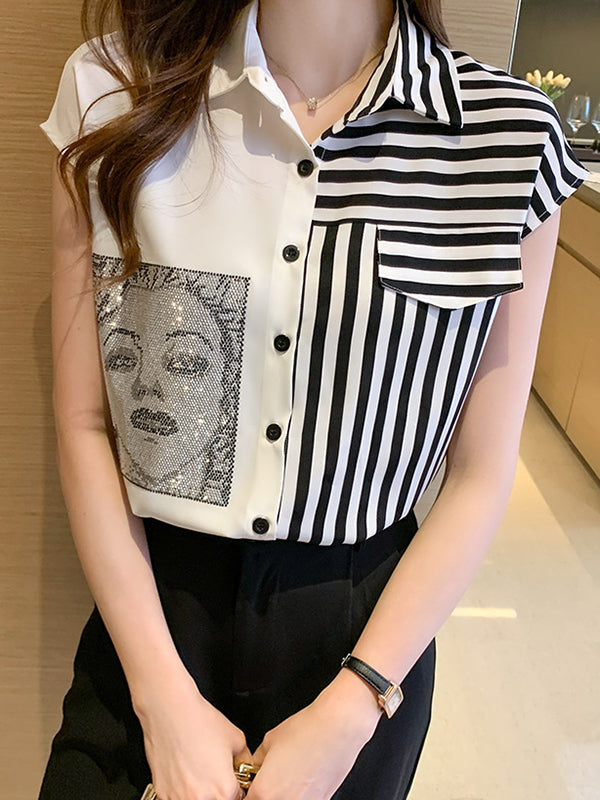 Asymmetric Figure Printed Cap Sleeve Loose Lapel Blouses&Shirts Tops