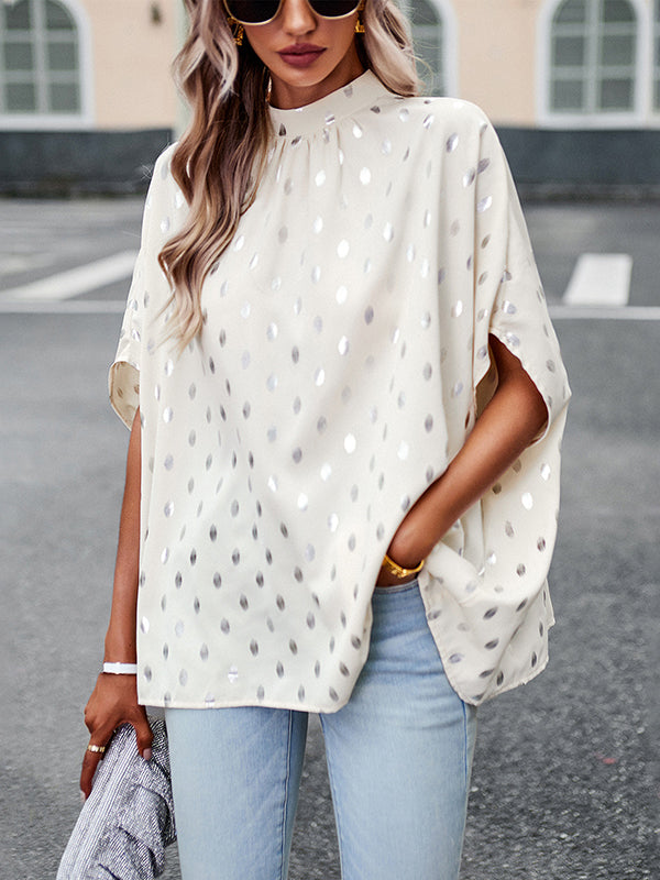 Bandage Polka Dot Loose Round-Neck Blouses&Shirts Tops